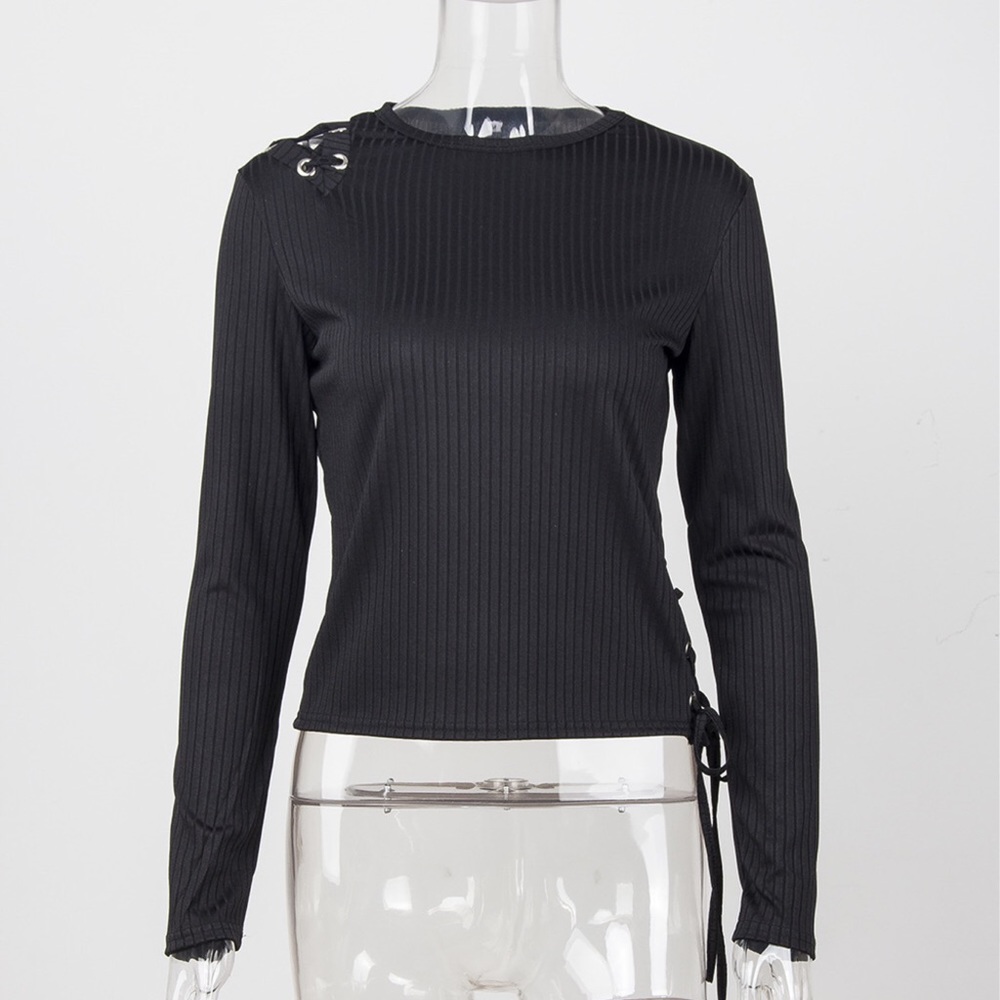 😉😉Sexy Black Long Sleeve Lace Up Top - Picture 6 of 8